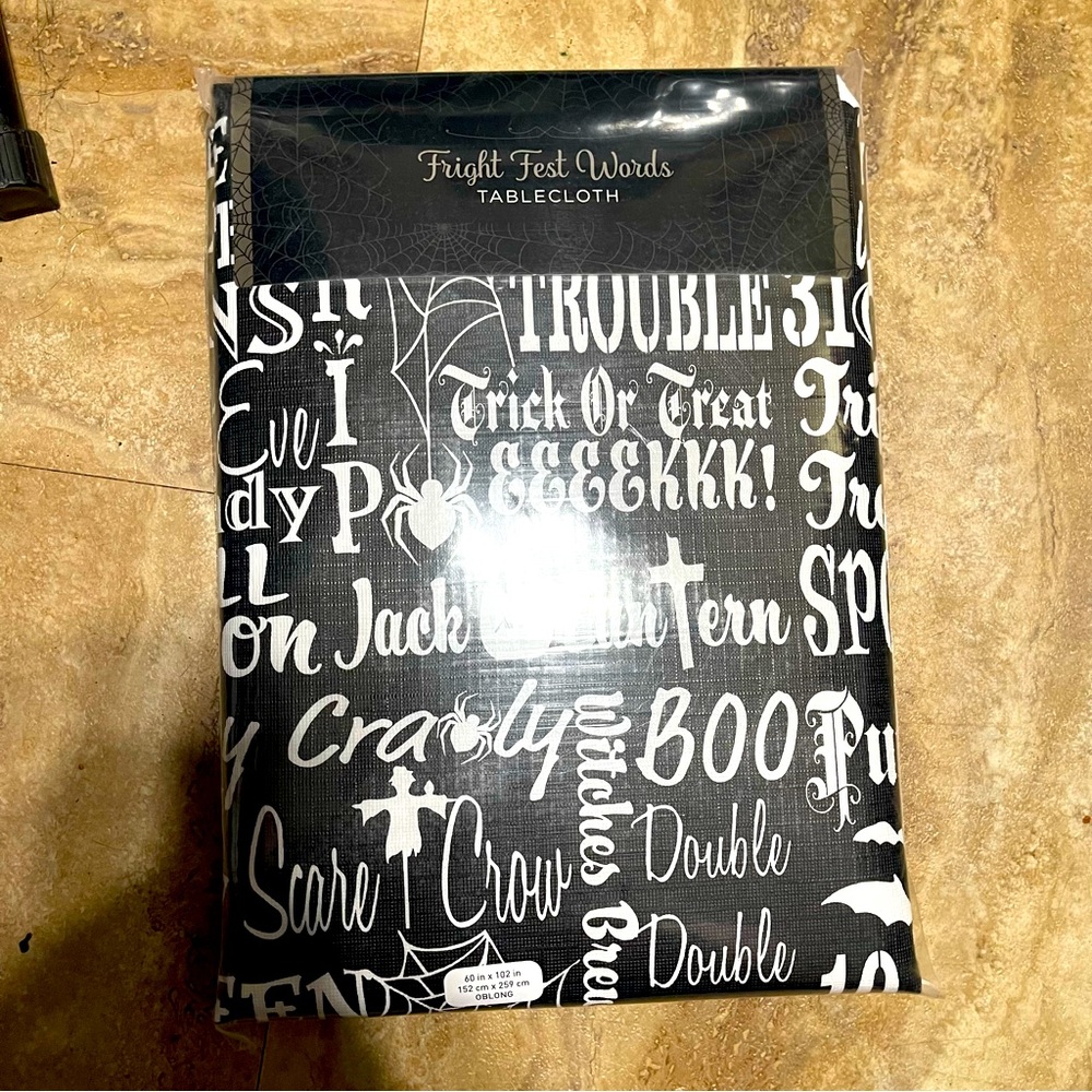 BNIP Halloween PEVA Tablecloth flannel backing Fright Fest Words Black 60x102